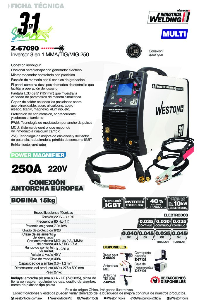 MAQUINA DE SOLDAR INVERTER MICROALAMBRE MULTIPROCESO 3EN1 SMART MIG/MAG/MMA/TIG 250A 220V WESTON - Image 2