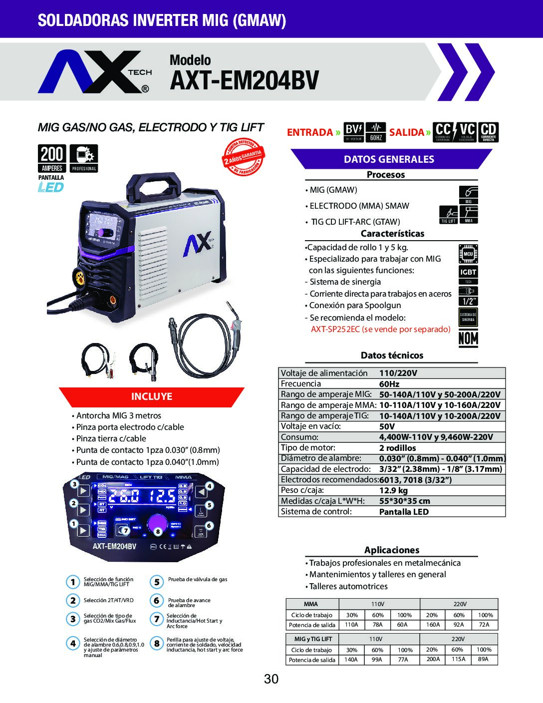 INVERSOR SOLDADORA MICROALAMBRE, GAS/NO GAS, ELECTRODO Y TIG LIFT AXTECH - Image 9