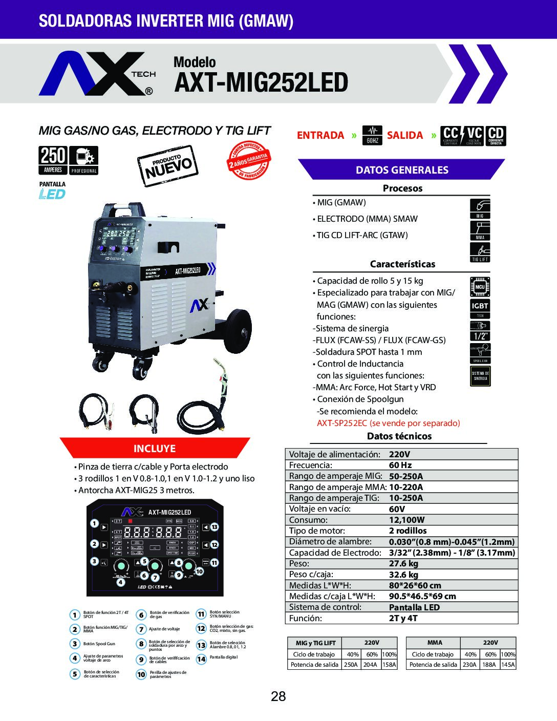 AXT-MIG252LED INVERSOR SOLDADORA MIG/MAG/MMA 250A - 220V/2F TIG-LIFT C/ANTORCHA MIG25 AXTECH - Image 11