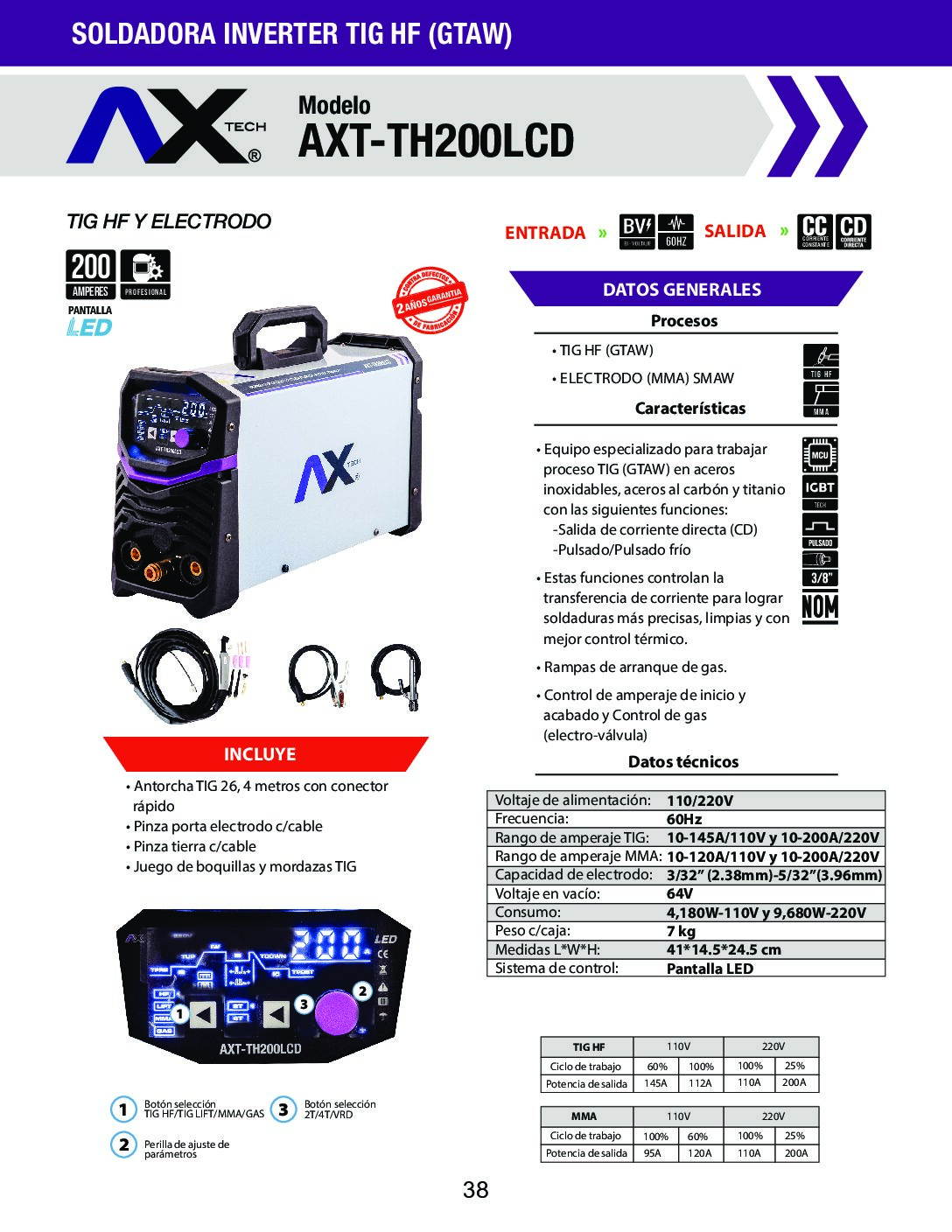 MAQUINA DE SOLDAR INVERSOR TIG ALTA FRECUENCIA (HF)/MMA BI-VOLTAJE AC/DC AXTECH - Image 7