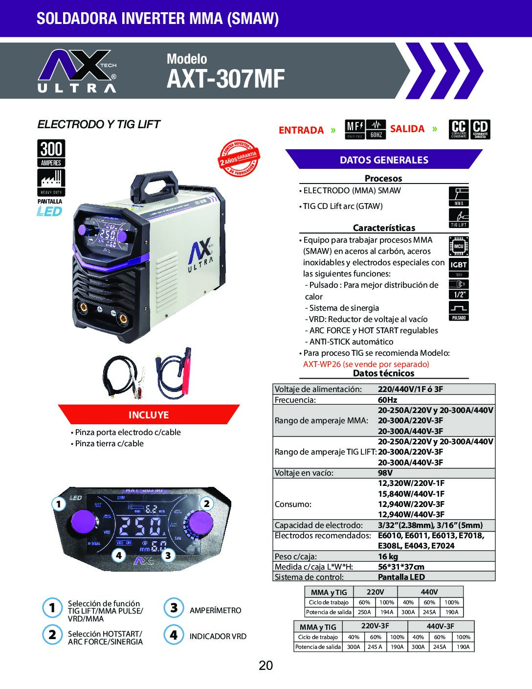MAQUINA DE SOLDAR INVERSOR ELECTRODO MMA/TIG LIFT 300A BIVOLTAJE 2201F 220/440 3F AXTECH - Image 7