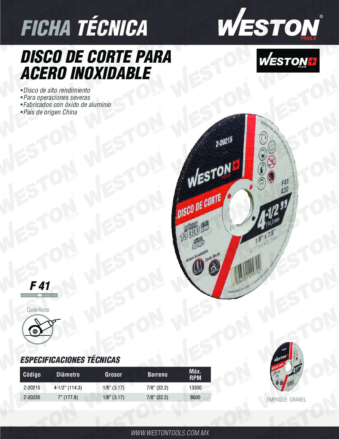 DISCO D/CORTE P/INOX. 7" x 1/8"(3.17) x 7/8" F41 - Image 2