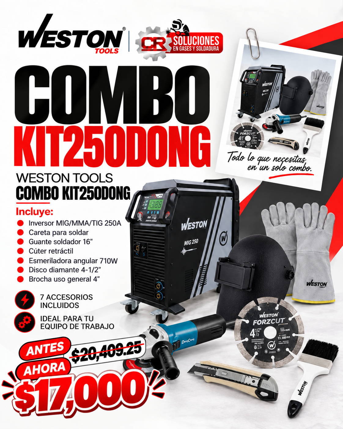 INVERSOR MIG/MMA/TIG 250A 220V (Z-67130) +CARETA P/SOLDAR AJUST+GUANTE SOLDADOR+ESMERILADORA+DISCO DIAM+BROCHA WESTON