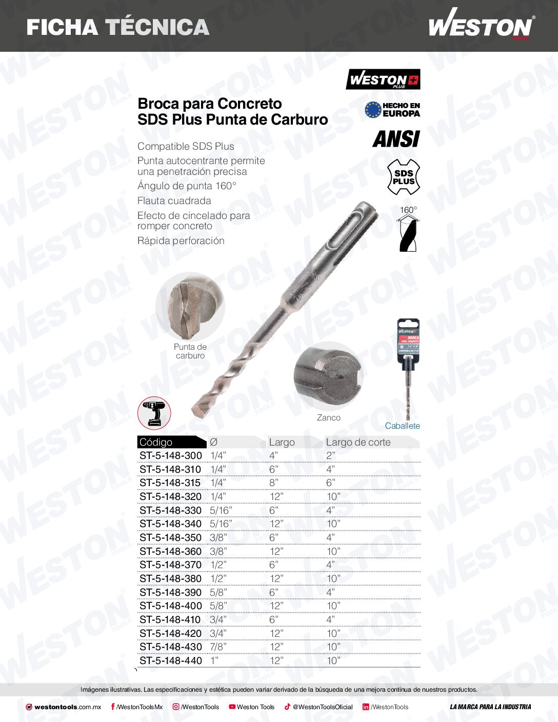 BROCA CONCRETO SDS PLUS 1/2 X 12" ST-5-148-380 WESTON - Image 5