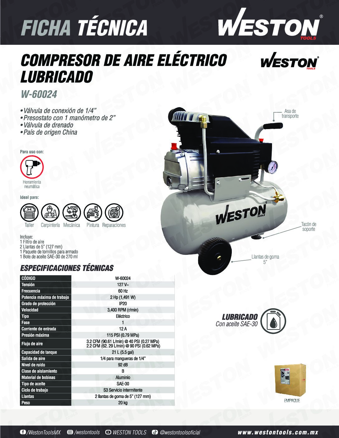 COMPRESOR D/AIRE DIRECTO LUBRICADO MOTOR 2HP L 110V W-60024 WESTON - Image 4