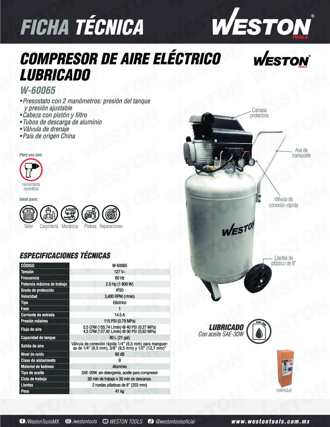 COMPRESOR LUBRICADO 21 GAL 2.5 HP 110 V W-60065 WESTON - Image 2